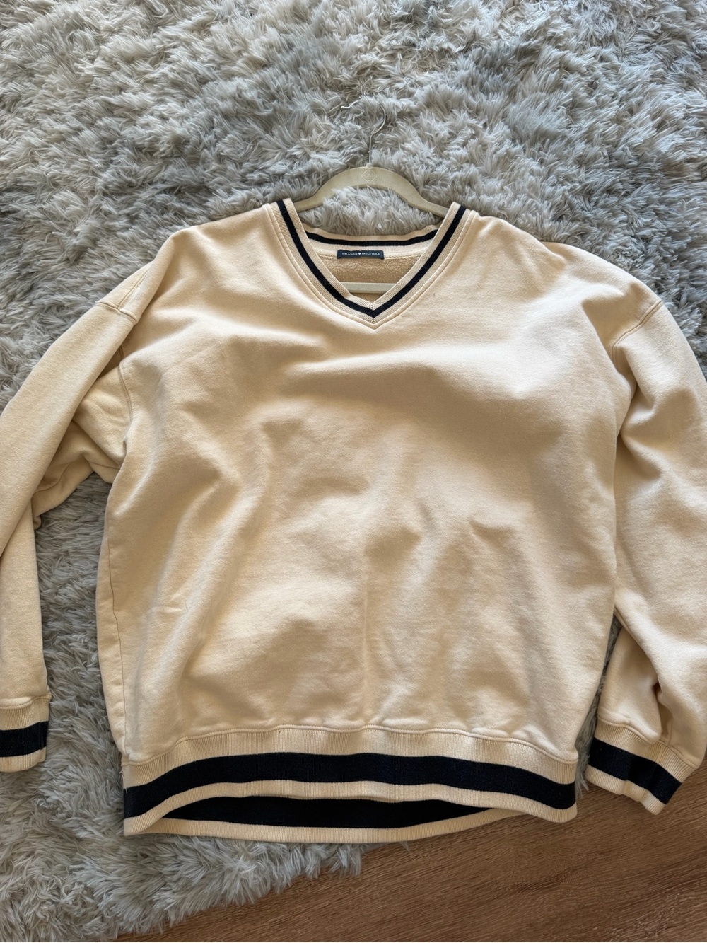 Brandy Melville Cream V-Neck Sweater with Black Stripe Trim
